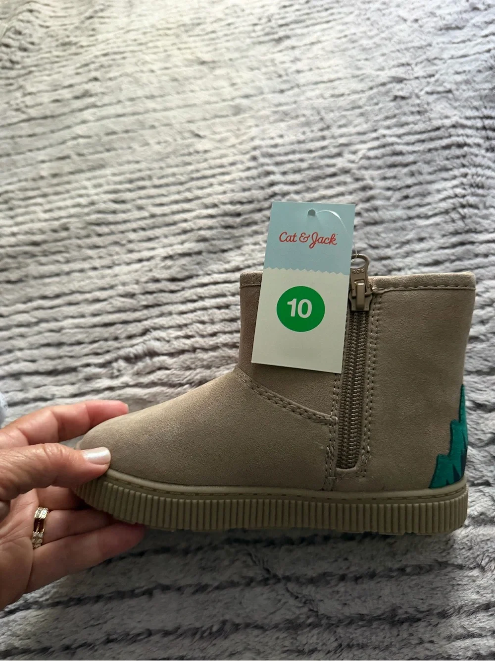 Children's Beige Boot with Teal Dinosaur Accent